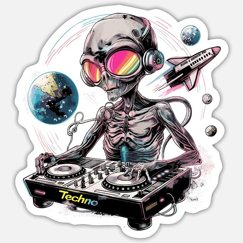 Techno DJ Rave Dancefloor Alien - Sticker Größe S (10 x 10 cm) - Mattweiß