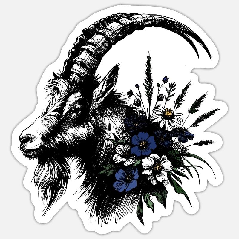 Steinbock Blumen Alpen Berge Illustration - Sticker Größe S (10 x 10 cm) - Mattweiß
