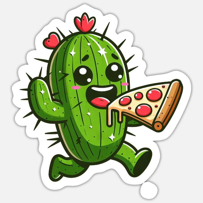 Süßer Kaktus Pizza Herz Comic - Sticker Größe S (10 x 10 cm) - Mattweiß