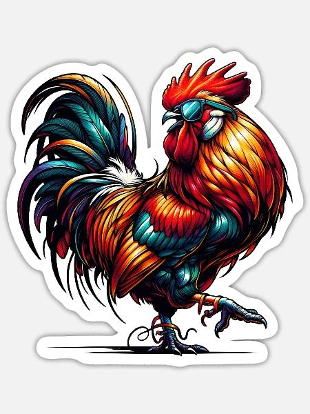cooler Hahn in bunten Farben mit Sonnenbrille - Sticker Größe S (10 x 10 cm) - Mattweiß