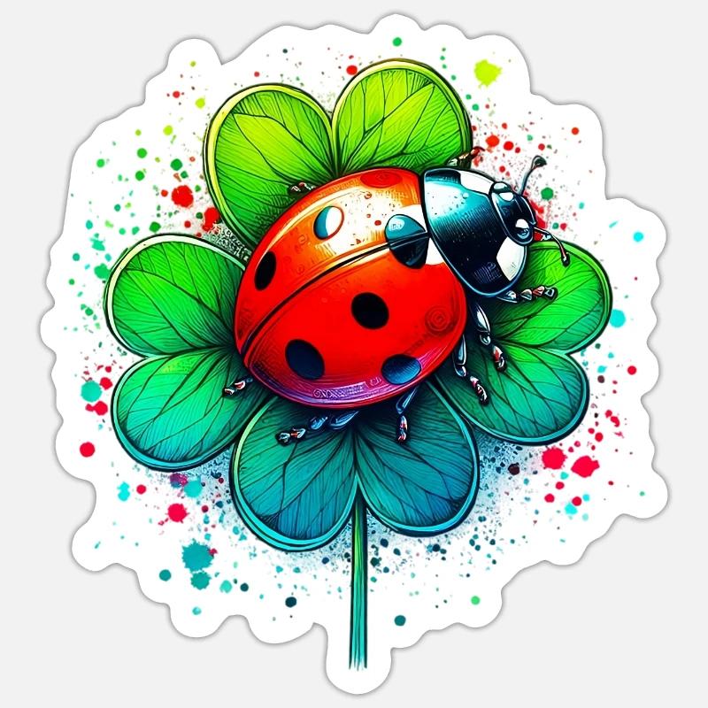 Marienkäfer auf einem vierblättrigen Kleeblatt - Sticker Größe S (10 x 10 cm) - Mattweiß