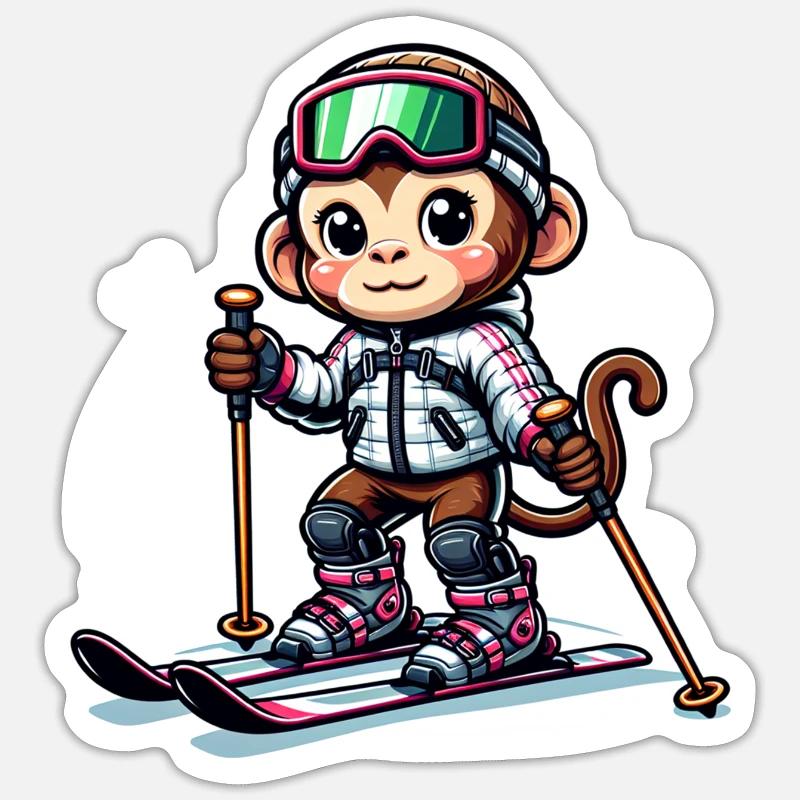 Cute Skier Monkey - Sticker Größe S (10 x 10 cm) - Mattweiß