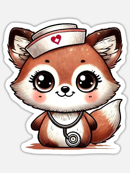 Bezaubernder Fuchs als Krankenschwester - Sticker Größe S (10 x 10 cm) - Mattweiß