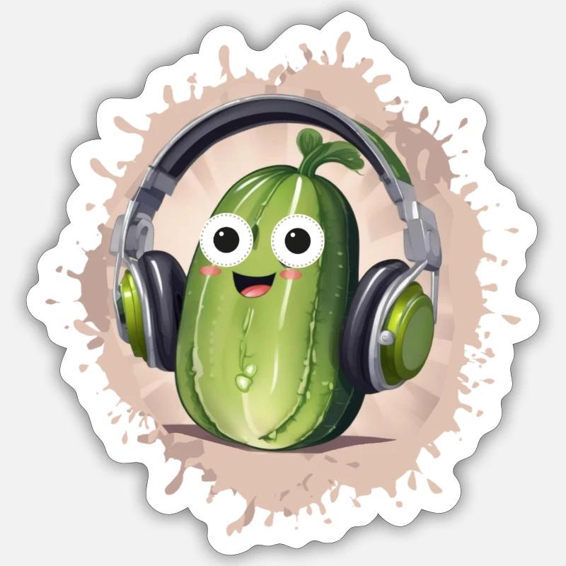 Concombre, écouteurs, illustration, rétro - Sticker taille S (10 x 10 cm) - blanc mat