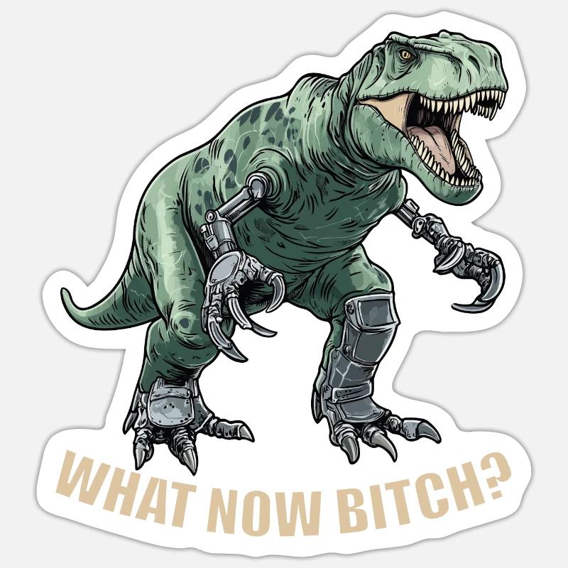 T-Rex mit Prothesen. What now...? Funny Rex - Sticker Größe S (10 x 10 cm) - Mattweiß