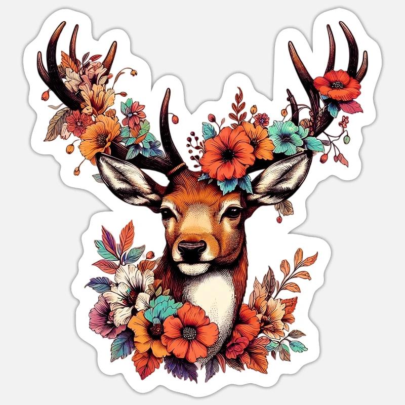 Hirsch mit Blumen - Sticker Größe S (10 x 10 cm) - Mattweiß