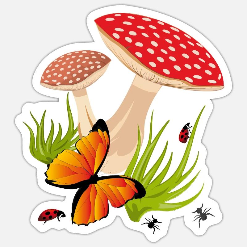 Champignons, Papillon - Sticker taille S (10 x 10 cm) - blanc mat