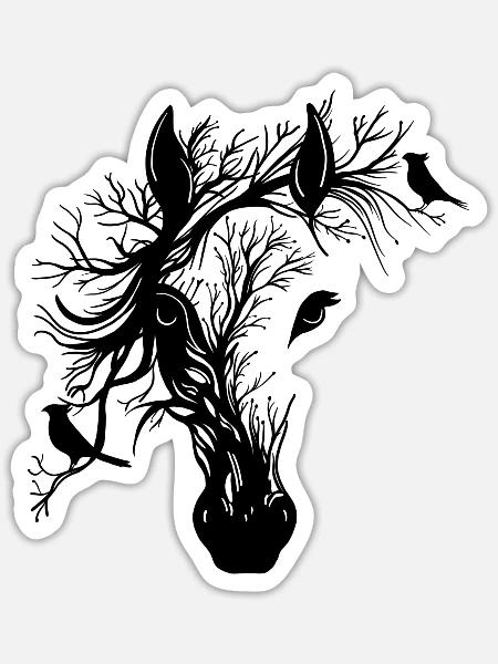 Pferdekopf schwarz mit Vögeln - Sticker Größe S (10 x 10 cm) - Mattweiß