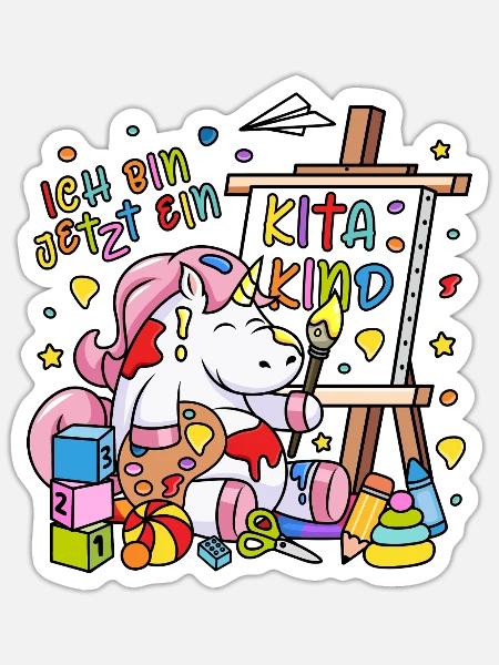 Ich bin jetzt ein Kitakind Einhorn Staffelei Kita - Sticker Größe S (10 x 10 cm) - Mattweiß