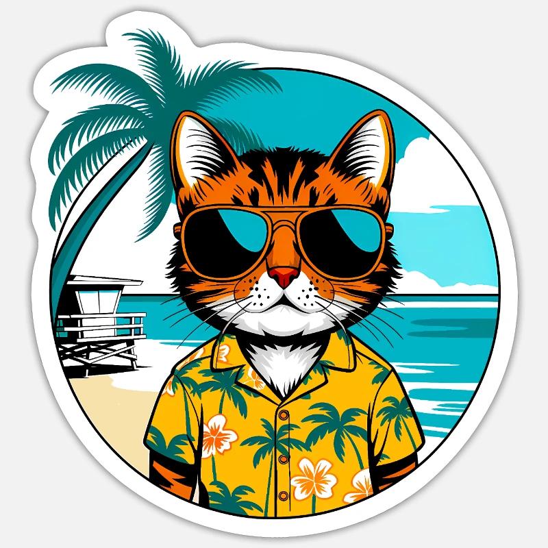 Chat sur la plage - Sticker taille S (10 x 10 cm) - blanc mat