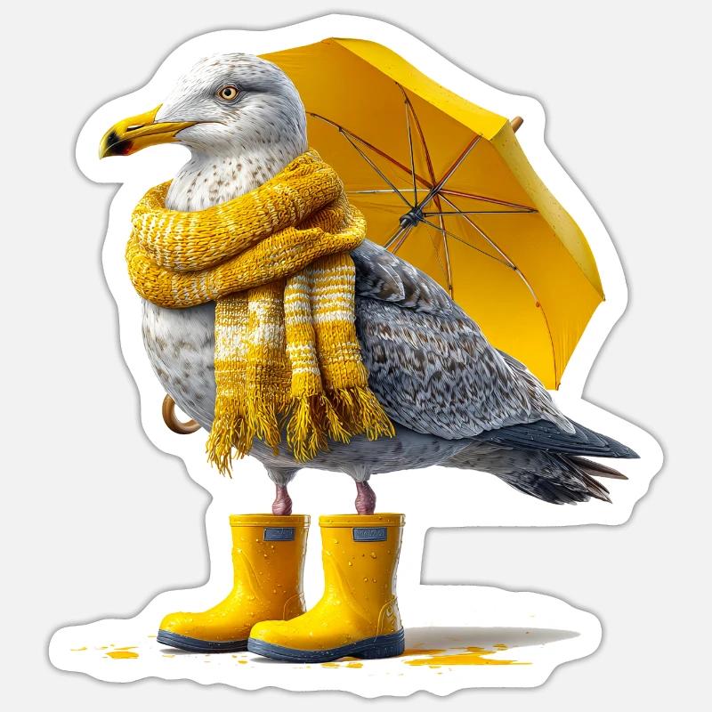 Seagull with yellow umbrella and boots - Sticker size S (10 x 10 cm) - white matte
