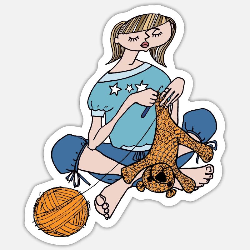 Mädchen häkelt Teddy - Sticker Größe S (10 x 10 cm) - Mattweiß
