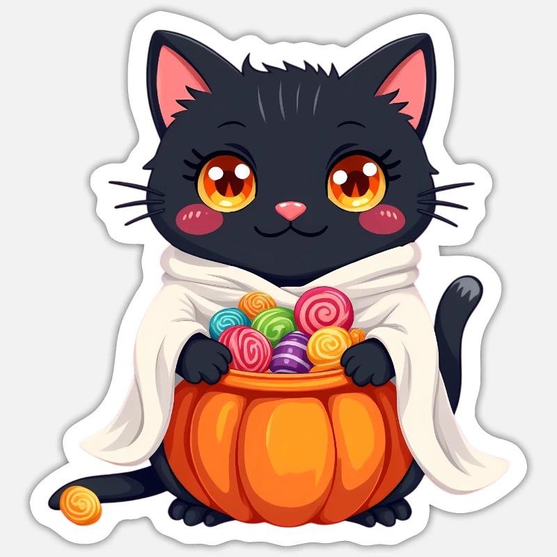 Chat d’Halloween avec citrouille d’Halloween - Sticker taille S (10 x 10 cm) - blanc mat