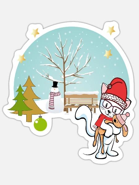 Katze mit Teddy im Winter - Sticker Größe S (10 x 10 cm) - Mattweiß