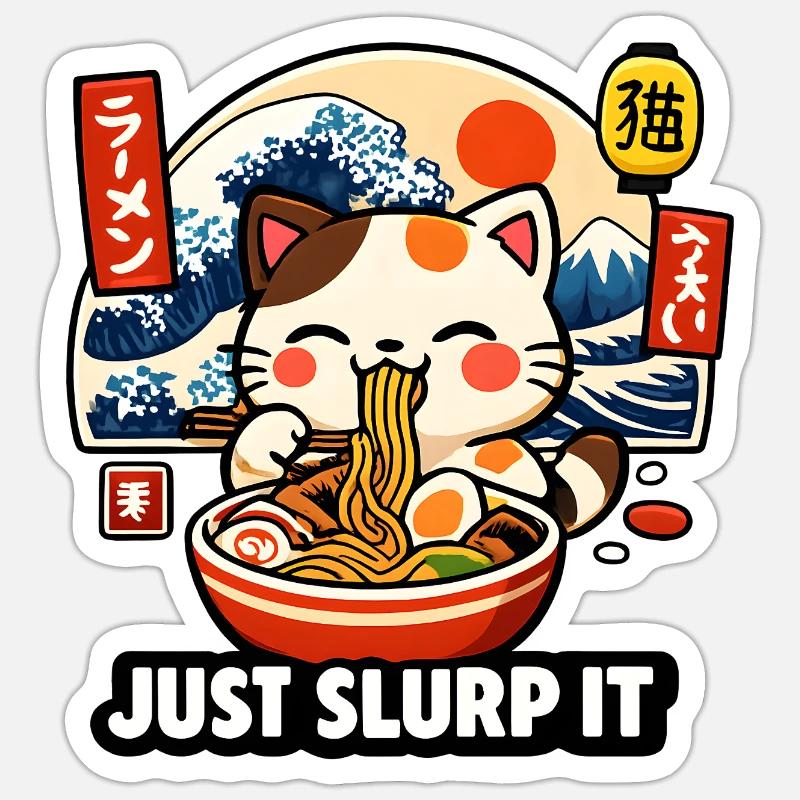 Chat ramen de Kawaii : Aspire-le simplement - Sticker taille S (10 x 10 cm) - blanc mat