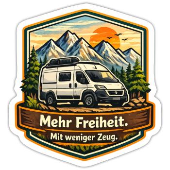 Camping-Mehr Freiheit-mit weniger Zeug-Camper - Sticker Größe S (10 x 10 cm) - Mattweiß - Vorne
