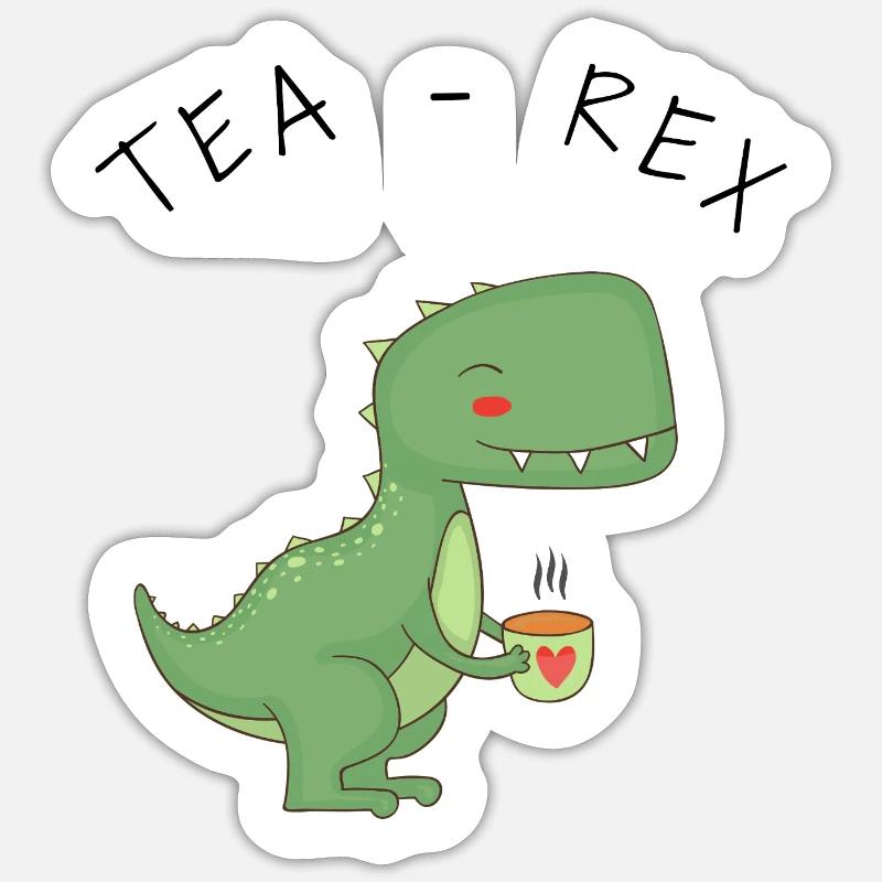 Funny T-Rex Tea Time - Sticker size S (10 x 10 cm) - white matte