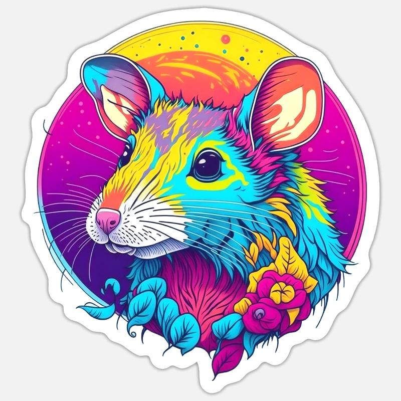 Psychedelic Neon Rat with Flowers - Sticker size S (10 x 10 cm) - white matte