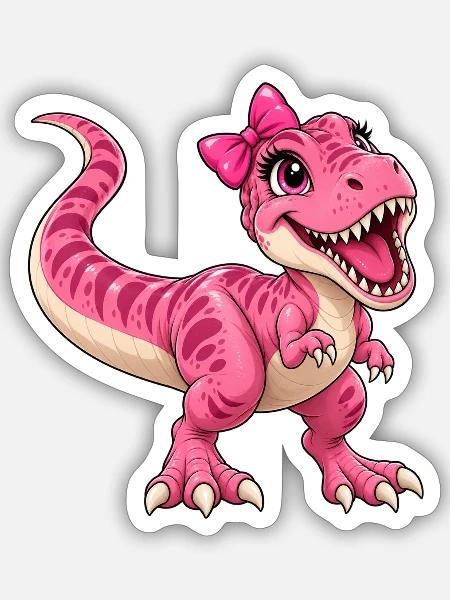 Pinker Dino mit Schleife - Sticker Größe S (10 x 10 cm) - Mattweiß