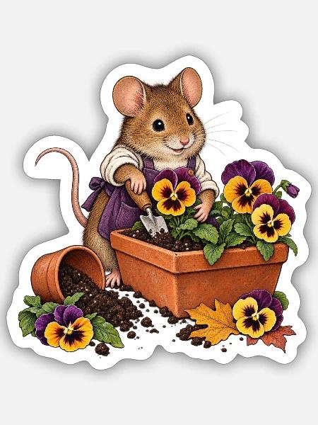 Feldmaus pflanzt Stiefmütterchen - Sticker Größe S (10 x 10 cm) - Mattweiß