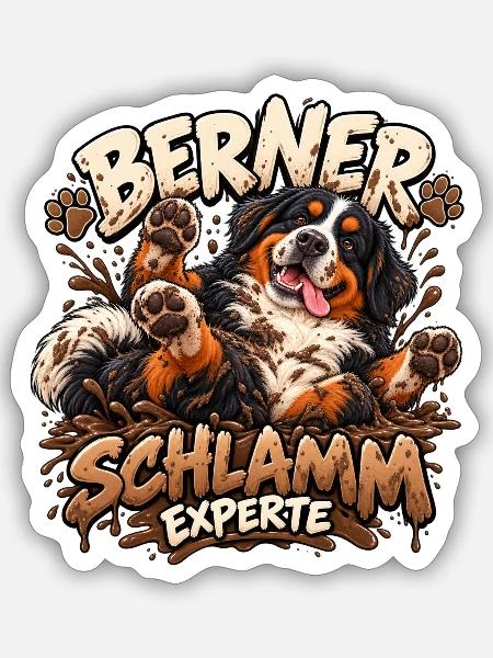 Berner Sennenhund im Schlammabenteuer - Sticker Größe S (10 x 10 cm) - Mattweiß