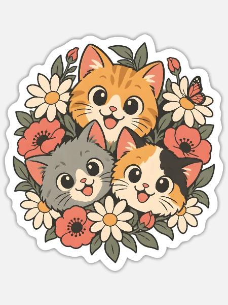 Drei Kätzchen in Blumen - Sticker Größe S (10 x 10 cm) - Mattweiß