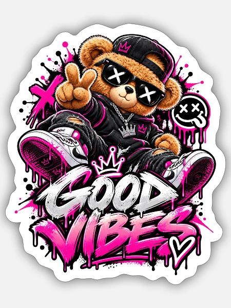 Good Vibes Teddybär Graffiti - Sticker Größe S (10 x 10 cm) - Mattweiß