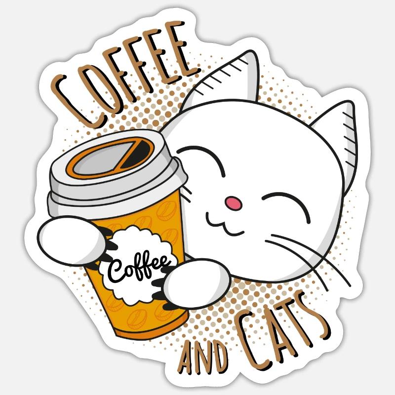 Café et chats, café et chats, café, chats - Sticker taille S (10 x 10 cm) - blanc mat