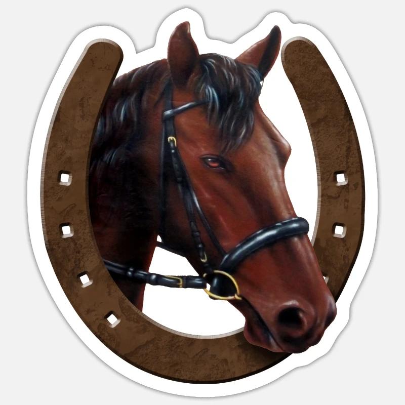 Tête de cheval et fer à cheval - Sticker taille S (10 x 10 cm) - blanc mat