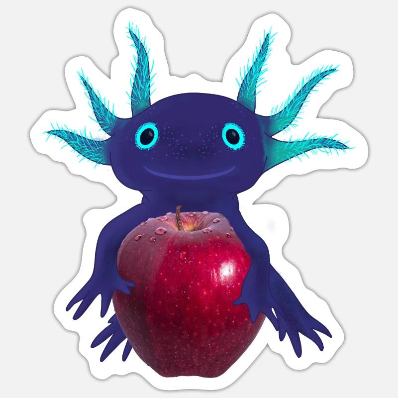 Blauer Axolotl mit rotem Apfel, Handzeichnung - Sticker Größe S (10 x 10 cm) - Mattweiß