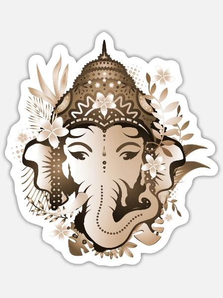 Elefanten Gott Ganesha mit Blüten mit Sepia-Effekt - Sticker Größe S (10 x 10 cm) - Mattweiß