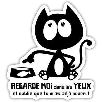 Chat noir mignon demande la nourriture ! humour - Sticker taille S (10 x 10 cm) - blanc mat - Devant