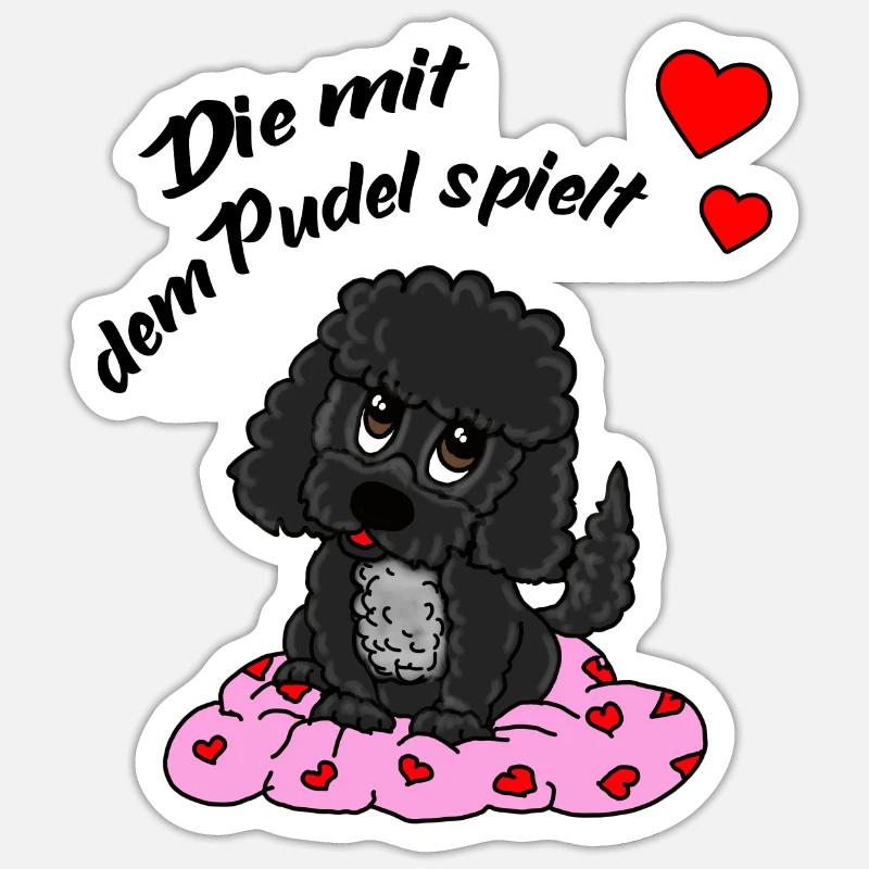 Pudeldesign - Die mit dem Pudel spielt Comicstyle - Sticker Größe S (10 x 10 cm) - Mattweiß