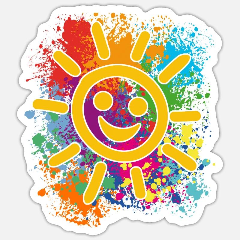 Soleil souriant sur des éclaboussures colorées de couleur - Sticker taille S (10 x 10 cm) - blanc mat