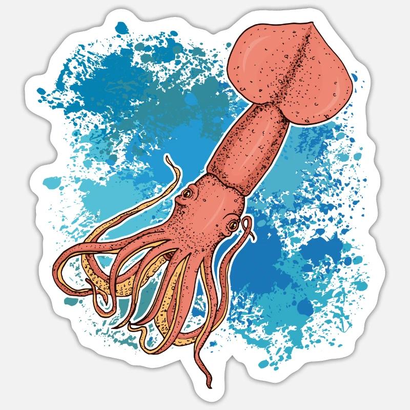 Calmar Calmar géant sur des éclaboussures colorées de couleur Sticker taille S (10 x 10 cm)