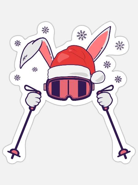 Skihase Skihäschen mit Nikolausmütze und Skistöcke - Sticker Größe S (10 x 10 cm) - Mattweiß
