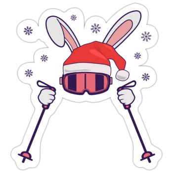Skiing Santa Rabbit with Santa Hat and ski poles - Sticker size S (10 x 10 cm) - white matte - Front