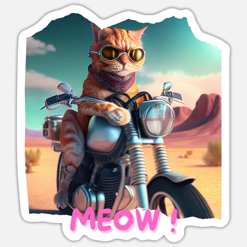 Chat cool sur une moto Dans le désert 2 - Sticker taille S (10 x 10 cm) - blanc mat