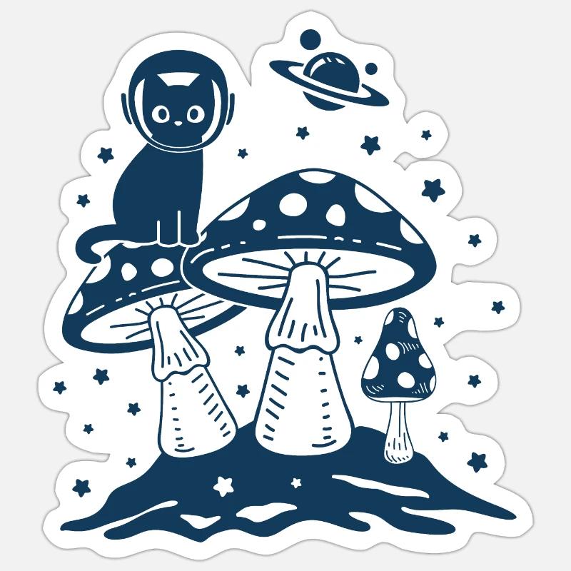 Chat et champignons - Sticker taille S (10 x 10 cm) - blanc mat