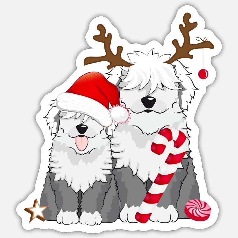 deux mignons chiens bobtail célèbrent Noël - Sticker taille S (10 x 10 cm) - blanc mat