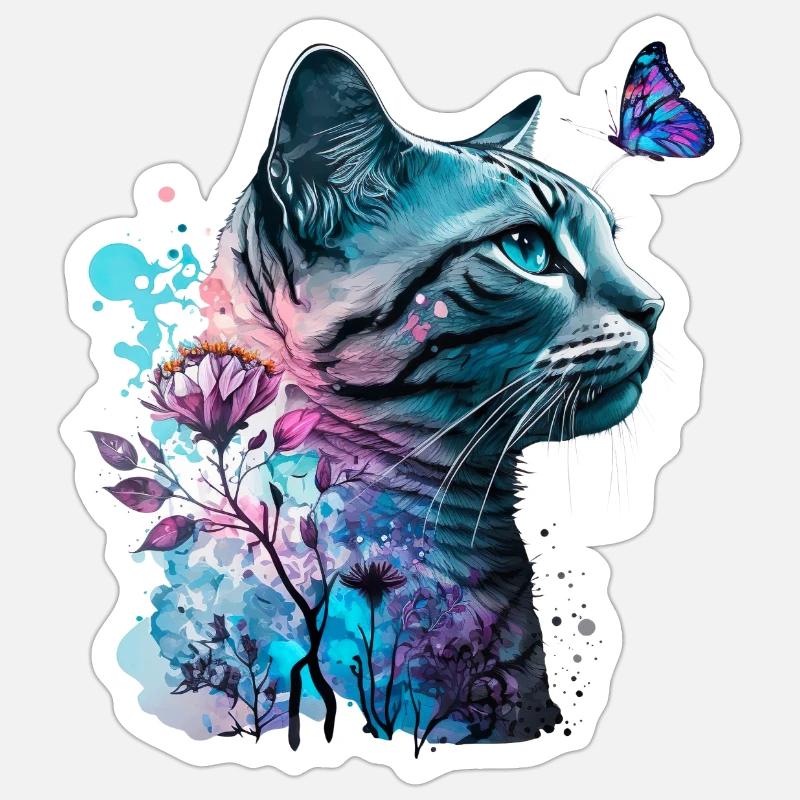 Fleur de chat et papillon Sticker taille S (10 x 10 cm)