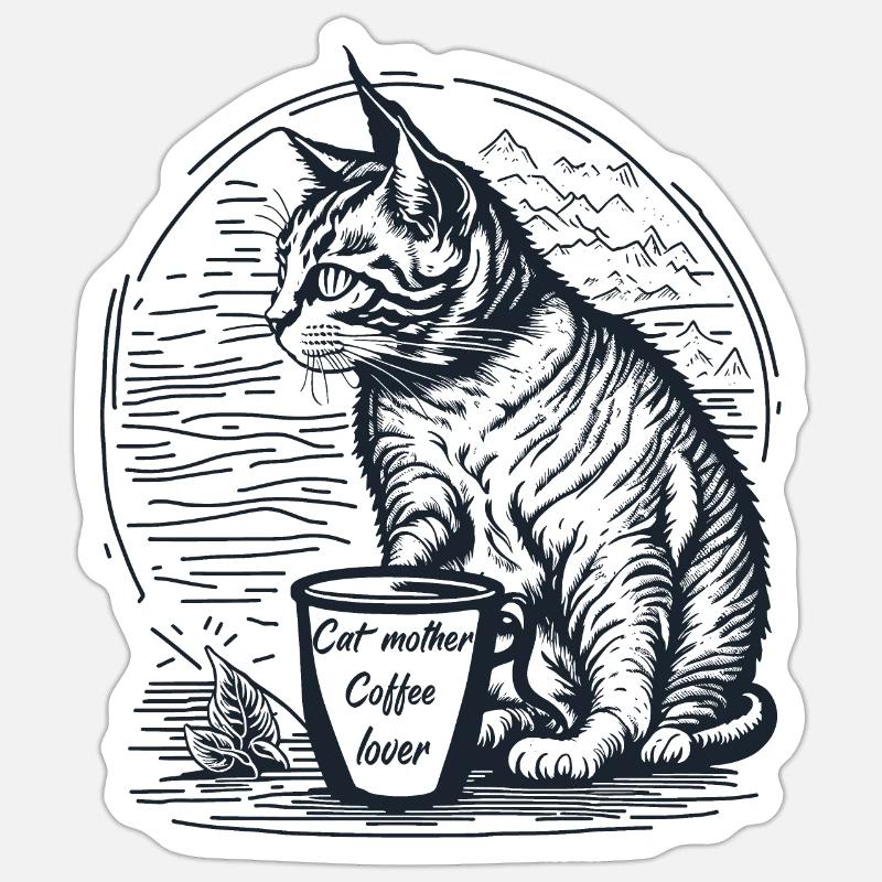 Cat and coffee cup - Sticker size S (10 x 10 cm) - white matte