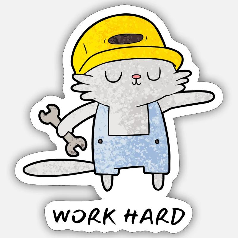 Work Hard Cat - Sticker Größe S (10 x 10 cm) - Mattweiß