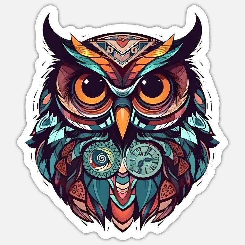 Bunte Boho Eule mit bunten Federn, geometrisch Sticker Größe S (10 x 10 cm)