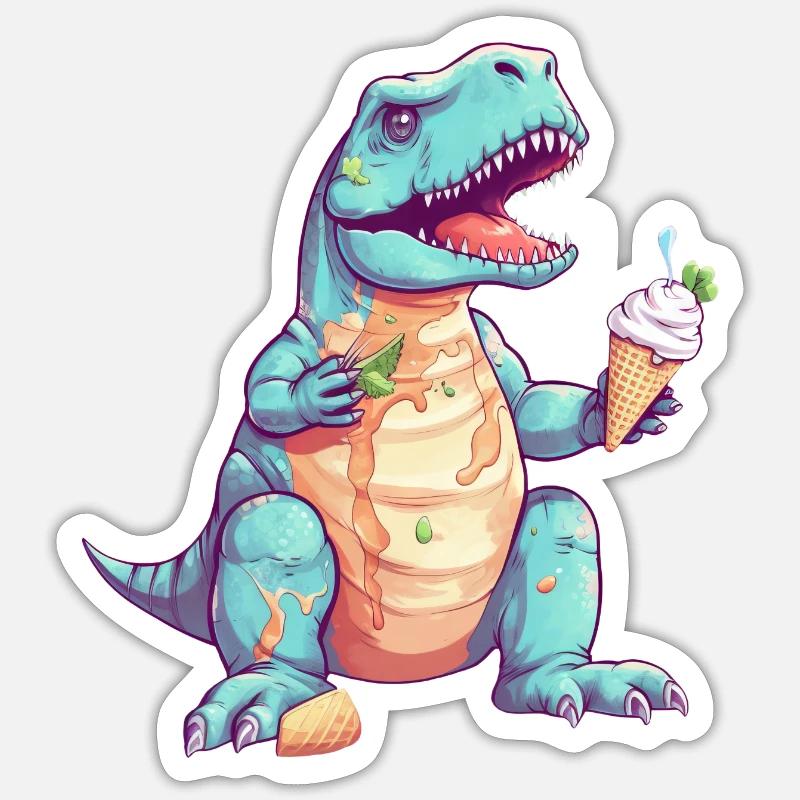 Clumsy T-Rex with ice cream - Sticker size S (10 x 10 cm) - white matte