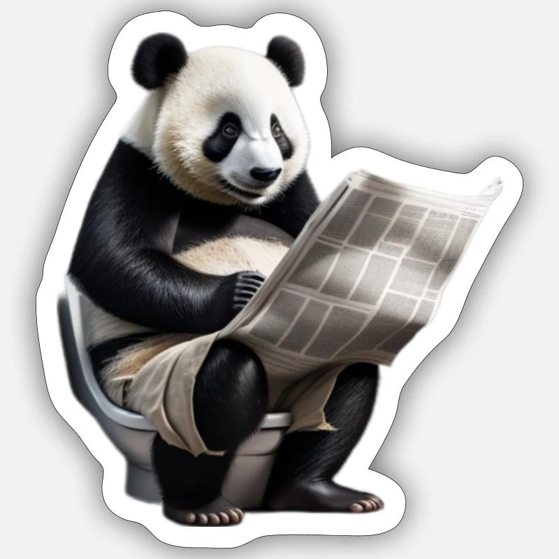 Panda lit un journal sur les toilettes - Sticker taille S (10 x 10 cm) - blanc mat