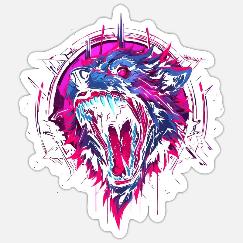 Loup Synthwave - Sticker taille S (10 x 10 cm) - blanc mat