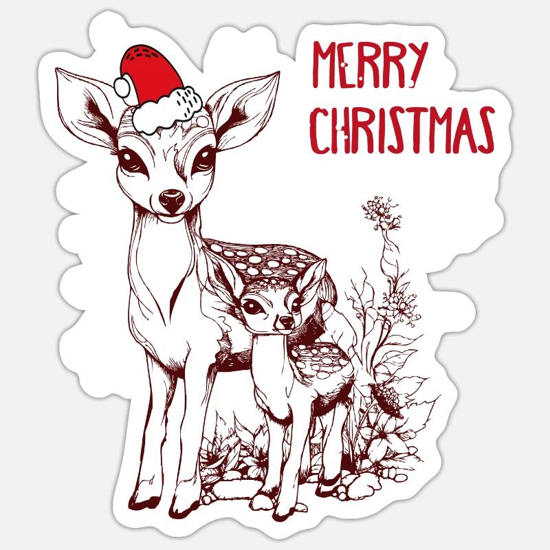 Cerf de Noël avec faon - Sticker taille S (10 x 10 cm) - blanc mat