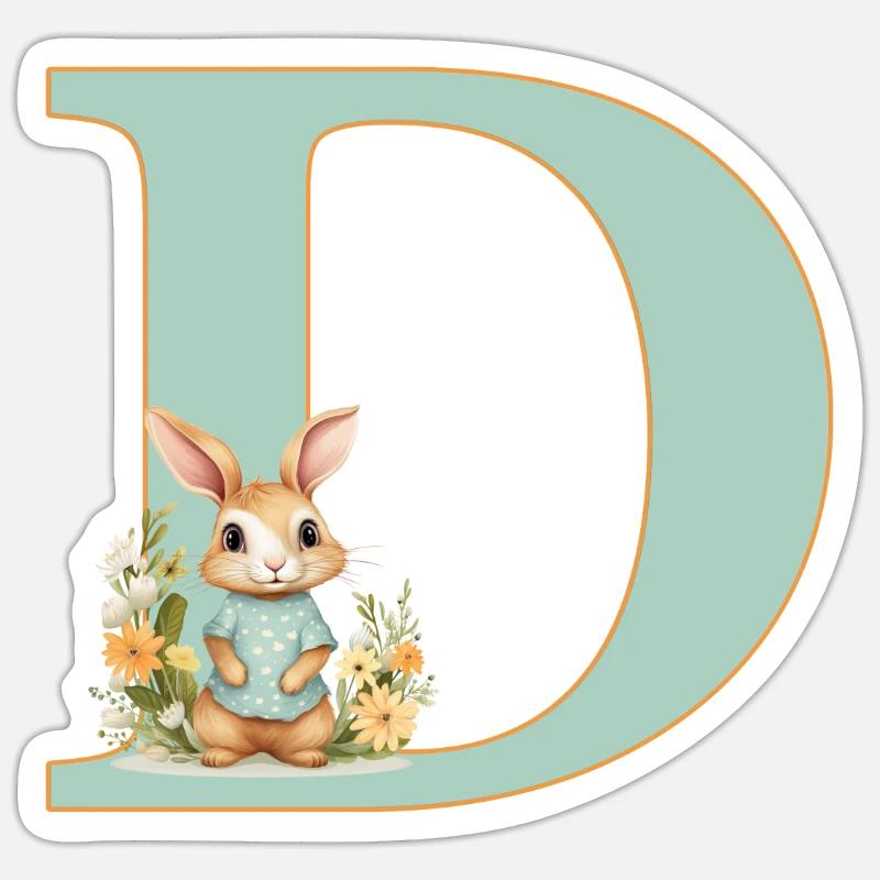 Buchstabe D, Monogramm, Blumen, Hase - Sticker Größe S (10 x 10 cm) - Mattweiß