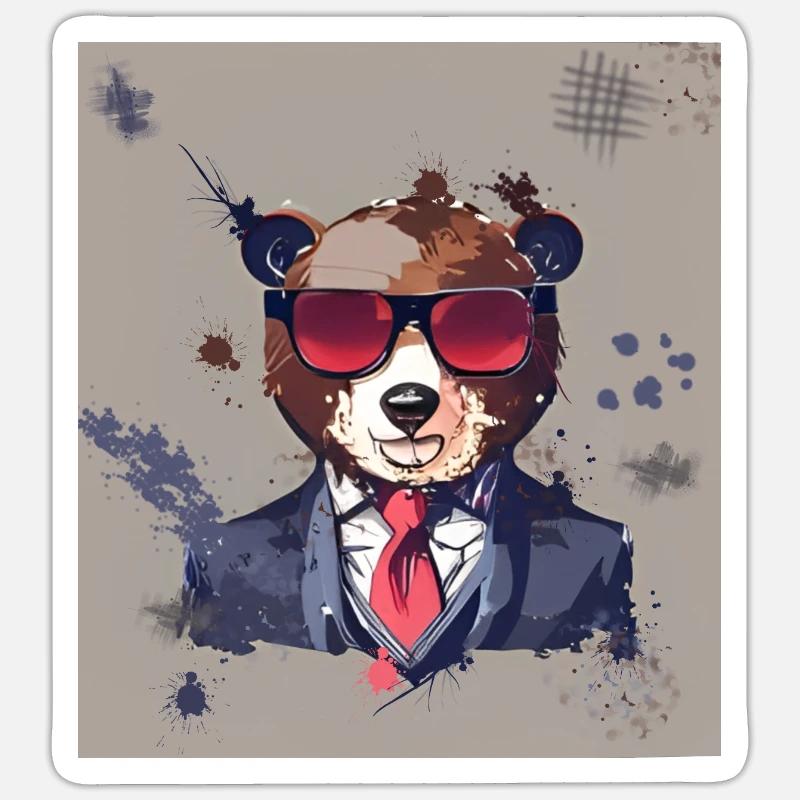 Bear with sunglasses tie and suit - Sticker taille S (10 x 10 cm) - blanc mat